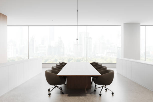 istock Minimalistic conference room with panoramic city view through large windows. 3D Rendering 2194846019