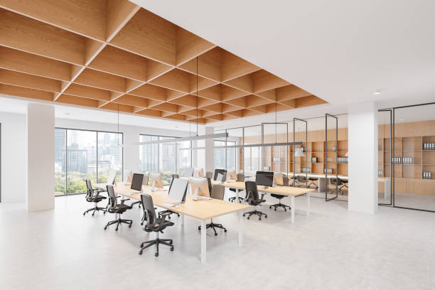 istock Modern open space office interior with wooden ceiling and large windows overlooking cityscape. 3D Rendering 2194846068