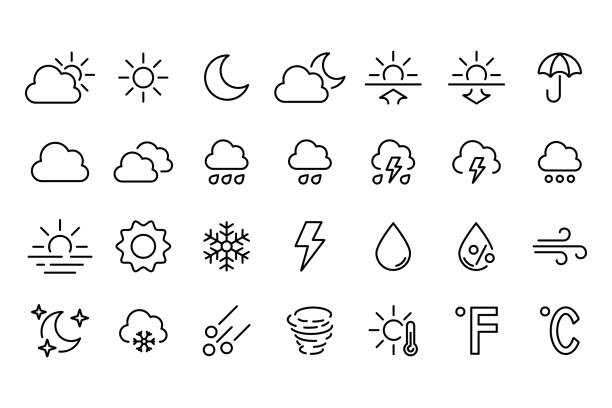 Weather icons. Weather line icon set. Sun, rain, thunder storm, dew, wind, snow cloud, sky, clouds, snowflake, wind, rainbow, moon Editable Stroke vector illustrations.