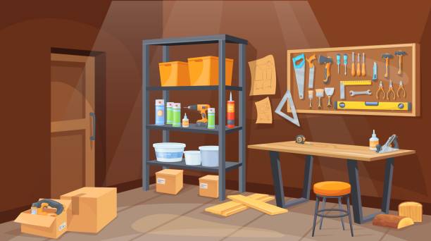 istock Workshop garage interior. Home shed or storage room inside house, mechanic or carpenter workbench with repair tool peg board wall hardware shelf, cartoon neat vector illustration 2194854764
