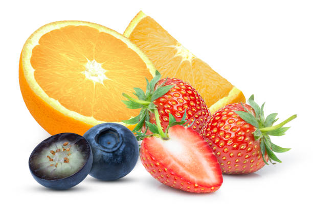 orange fruit, blueberry and strawberry isolated