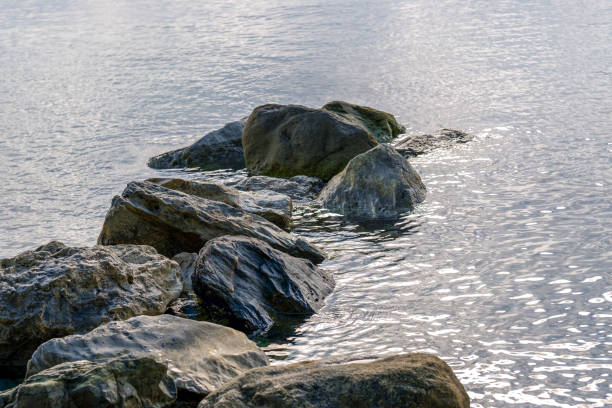 Calm coastline. Sea with big stones in the evening