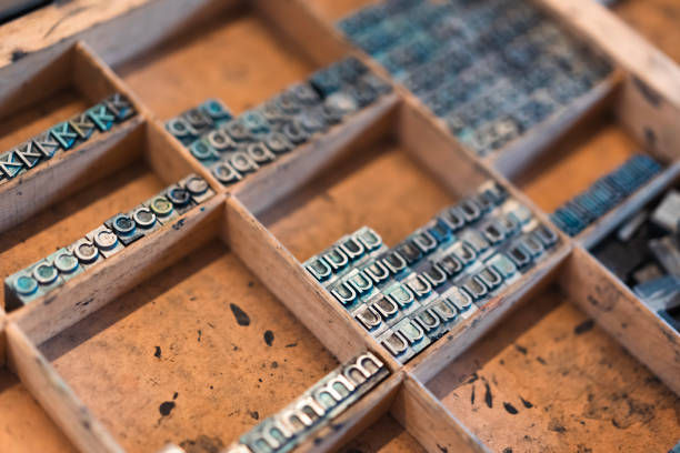 istock Vintage letterpress drawer with organized metal letters 2194867778