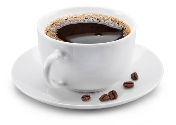 istock Cup of coffee on white plate and several coffee beans near it on white background. File contains clipping path. 2194876010