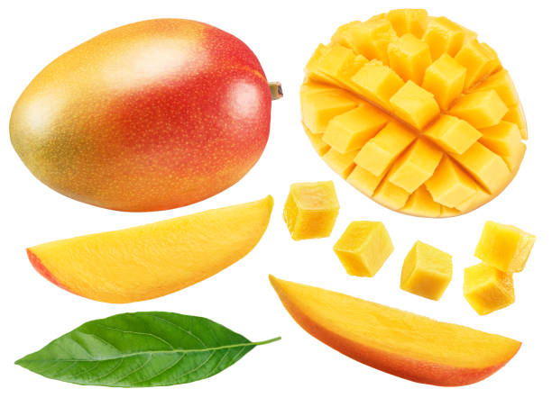 Mango fruit and mango cubes and slices isolated on white background. File contains clipping paths.