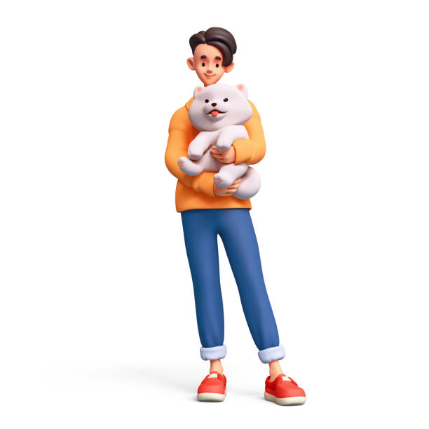 istock 3d render cartoon cute handsome guy standing holding, hugging fluffy samoyed dog. 2194879011