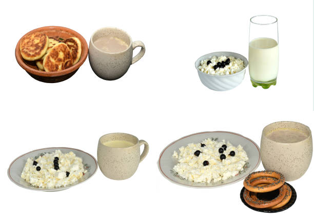 Collage of four photographs depicting cups of milk on a white background. Created with GIMP