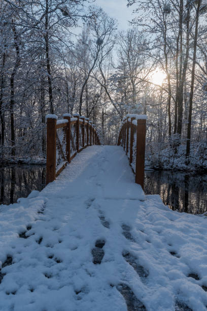 istock Snow covered wooden bridge above river during winter 2194883910