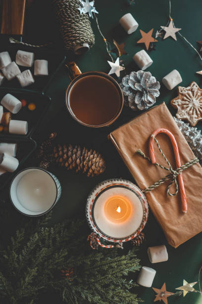 istock Cozy Christmas setup featuring a wrapped gift with a candy cane, a lit candle, tea, an open book, pinecones, marshmallows, and evergreen branches on a green background 2194886900