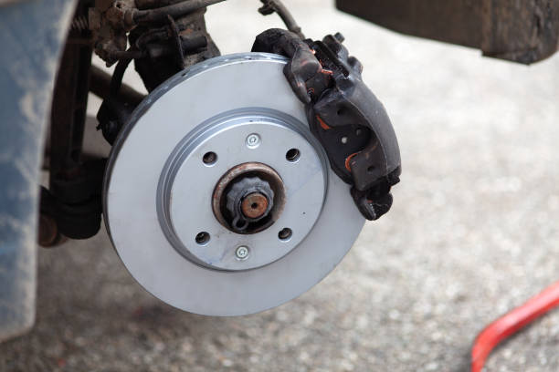 Changing brake discs and brake pads on a car. Brake maintenance in the workshop.