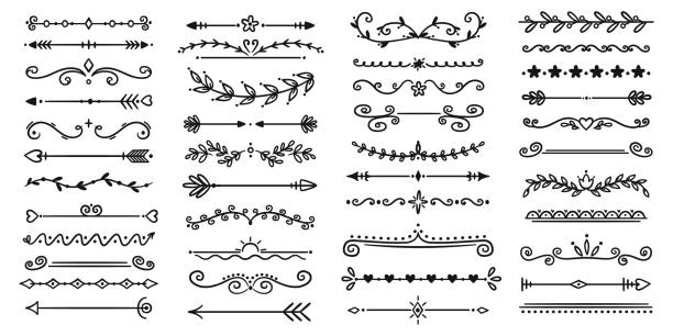 Decorative dividers. Black floral line elements. Border underlines on text page. Vintage ornaments. Retro books design. Hand drawn arrows. Botanical graphic flourish. Recent vector set Decorative dividers. Black floral line elements. Ornate border underlines on text page. Vintage ornaments. Retro books design. Hand drawn arrows. Botanical graphic outline flourish. Recent vector set swirly vines stock illustrations