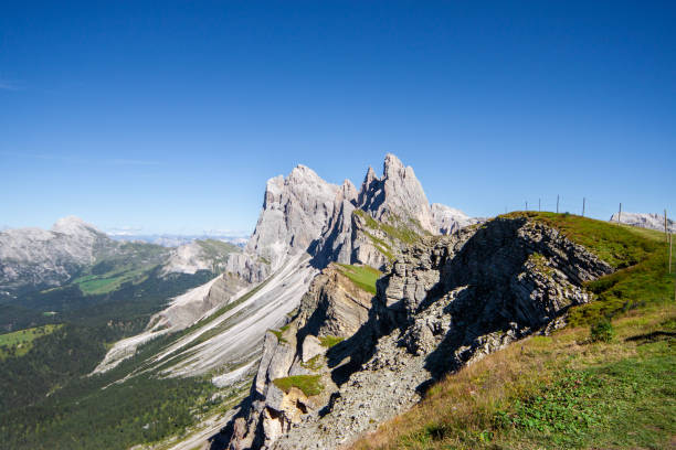 Sharp Rocky Peaks of Dolomites with Layered Cliffs and Grass-Covered Slopes under Clear Blue Sky.