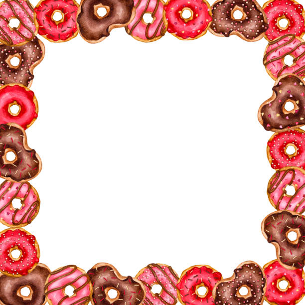istock Square frame made of donuts. Watercolor hand drawn frame for postcard, invitation, poster, banner, menu. Valentine's day, birthday, children's party. Isolated on white background. 2194899243