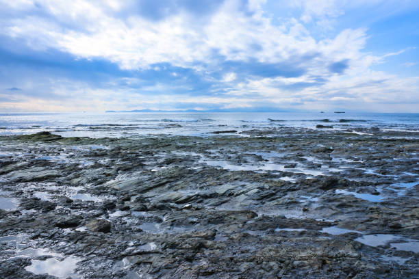 Jagged rock pools and crystal clear blue water