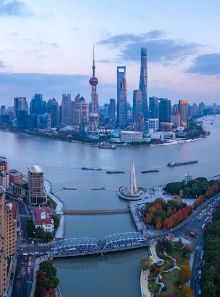 Aerial view of shanghai skyline at sunset