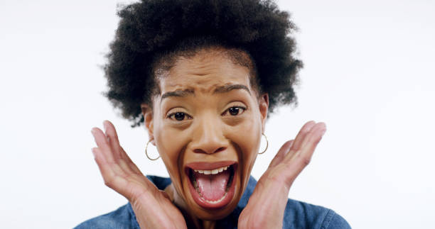 istock Portrait, surprise and black woman with expression, wow and shouting on white studio background. African person, face and model with omg, reaction and shocked with announcement and excited for sales 2194906451