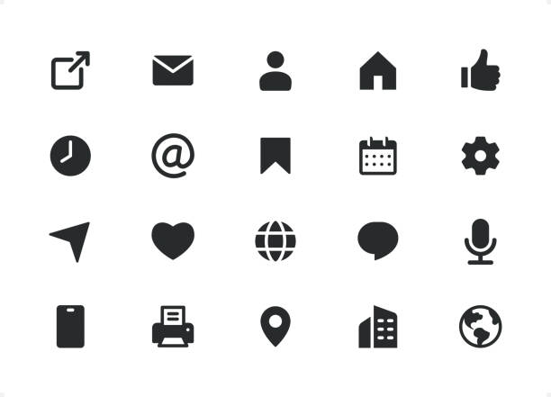 Interface icon set. Black silhouette icons. Interface icons set #01
Specification: 20 icons, 48×48 pх, Solid style icons.
Features: Pixel Perfect, Unicolor, Editable weight thin line.
First row of icons contains:
Sharing, Mail, User, Homepage, Thumbs Up;
Second row contains:
Time, E-Mail ('at' Symbol), Bookmark (Save), Date, Gear;
Third row contains:
Share, Like, Web, Comment, Microphone;
Fourth row contains:
Phone, Printer, Address (Location), Office Building, World Map.
Check out the complete Classico collection — https://www.istockphoto.com/collaboration/boards/JPqQ_BGoJEGrkSNq4bkS_Q business cards calendar stock illustrations