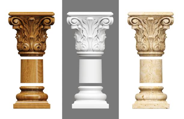 podium of antique plaster columns in the interior. in the foreground is a large column. on the gray granite floor there are three columns. horizontal photo