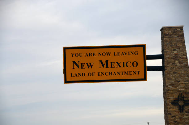 The leaving New Mexico sign while traveling on Interstate 40 leaving San Jon, New Mexico, USA on December 17, 2024