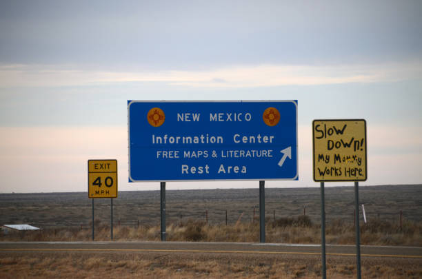 The leaving New Mexico sign while traveling on Interstate 40 leaving San Jon, New Mexico, USA on December 17, 2024