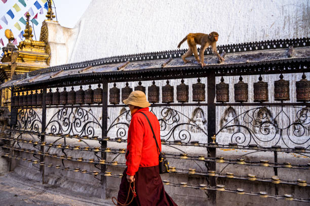 Monk walking around the heritage site Swayambhunath Stupa in Kathmandu, Nepal, on Tuesday January 7, 2025.