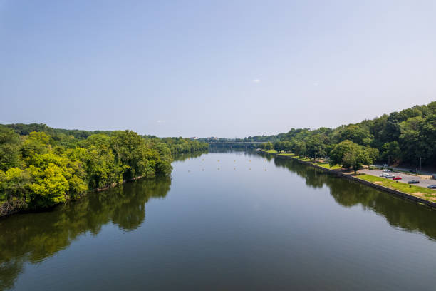 istock The schuykill river with a green forest on the left side and a city on the right side 2194920115
