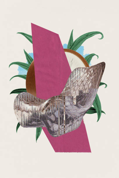istock Creative composition with abstract textured armchair, pink geometric overlay, tropical leaves. Contemporary art collage. 2194925405