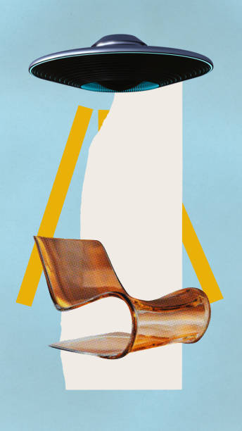Artistic composition with UFO-shaped lamp, abstract orange chair, and blue background with bold yellow accents. Contemporary art collage.