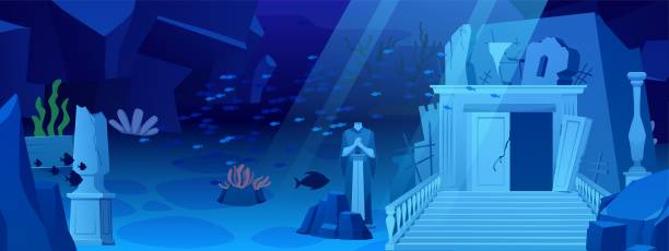 istock Vector illustration of the underwater city of Atlantis with columns and statues surrounded by fish 2194935716