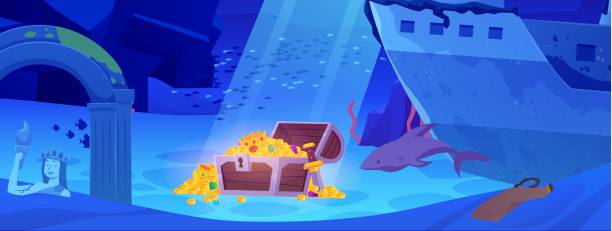 istock Sunken ancient city with treasure chest vector illustration, cartoon underwater sea ocean landscape wreck ship, ruins 2194935744
