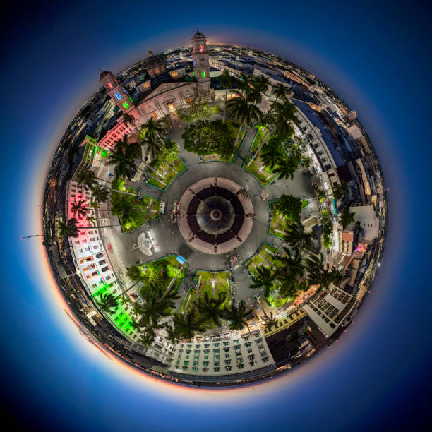 Aerial drone tour over the Plaza de Armas Tampico surrounded by beautiful colonial buildings in front of the municipal palace and in the center of the park the iconic Kiosk \