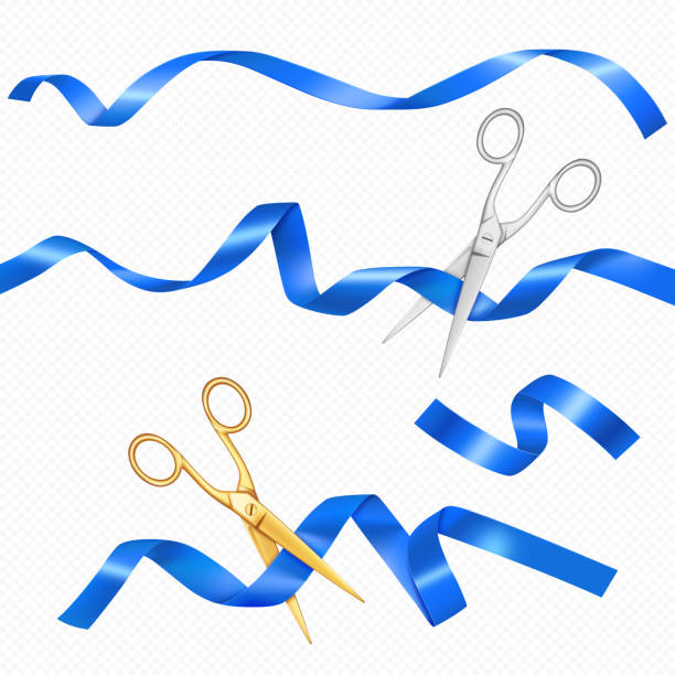 Realistic Blue Silk Ribbon Set with gold and silver scissors on white background. Realistic Blue Silk Ribbon Set with gold and silver scissors on white background. Vector illustration scissors stock illustrations