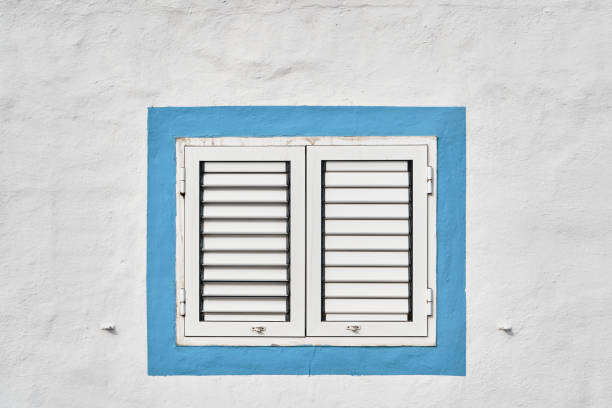 White window with strong morning light with an outside wooden shelf filled with pots of flowering plants. The window is divided into several panes and has a crocheted curtain. Copy Space