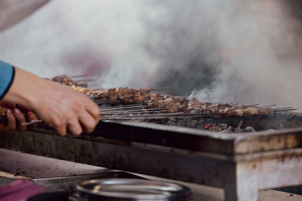 Grilled traditional Turkish liver kebab on a skewer