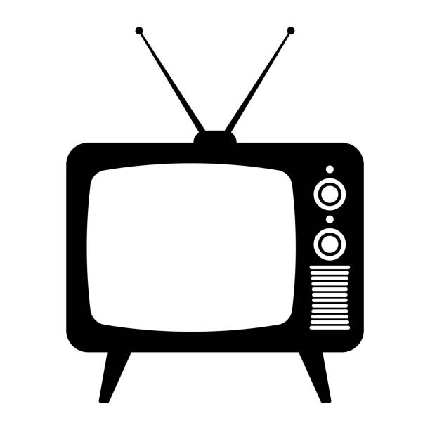 A vintage vector illustration of an old TV, depicted as a clean black silhouette. The design features a classic boxy television with rounded edges, dual antennas on top, and side controls with dials and a speaker grille. The retro style captures the essence of mid-20th-century technology. Isolated on a white background, this graphic is perfect for themes related to nostalgia, media, entertainment, or technology history. Its bold and minimalistic style makes it suitable for logos, posters, or digital and print designs.