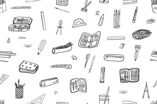 istock Seamless pattern set of school supplies in doodle style. Pencil cases, scissors, glue, pencil, pen, ruler, paper clips, compasses, brushes, paints. Back to school. 2194944527