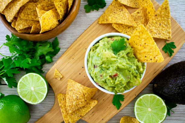 Guacamole and chips, shot from above.