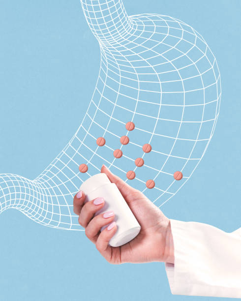 Abstract illustration of hand holding pill bottle with wireframe stomach design, symbolizing medication for digestive health. Conceptual design.