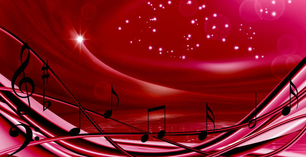 Vibrant red melodic landscape with flowing musical notes and shining stars to evoke creativity and inspiration