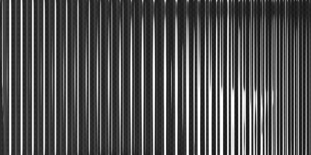 istock 3d transparent ribbed glass background with refraction effect. Reeded glass with black and white gradient. Render of corrugated wall with overlay reflection light on dark. 3d vector background 2194954967