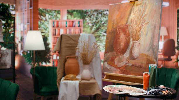Decorations used for a painting inspiration and creativity placed in fine art gallery atelier, contemporary objects used as model for a painting technique. Empty workshop with artistic tools.