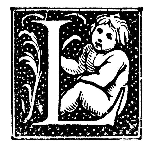 Antique Art Nouveau style initial capital letter L with a child. Vintage etching circa 19th century.