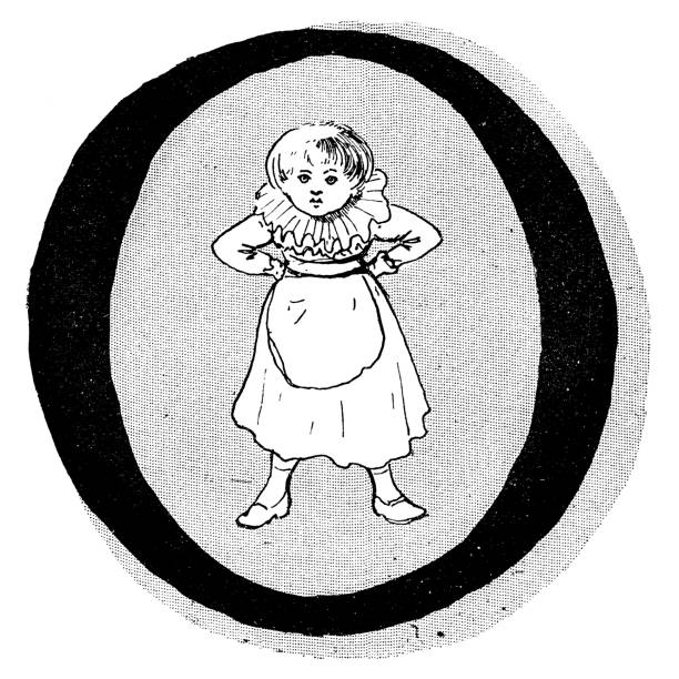 Antique initial capital letter O with an angry little girl. Vintage etching circa 19th century.