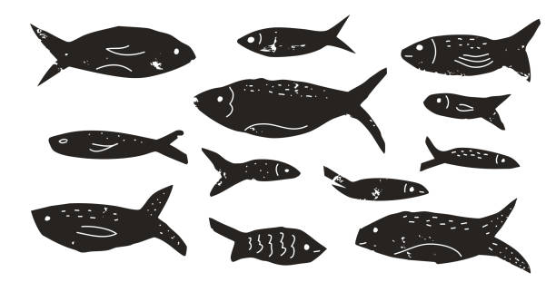 Fish set. Sardines school collection. Salmon silhouettes linocut style. Undersea animals. Vector hand drawn linocut collage elements illustration isolated on white background.