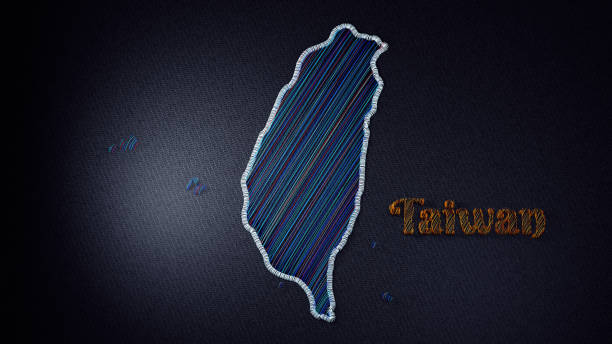 Intricate embroidered map of Taiwan. Colorful threads highlight the boundaries country and the word Taiwan on a fabric background.