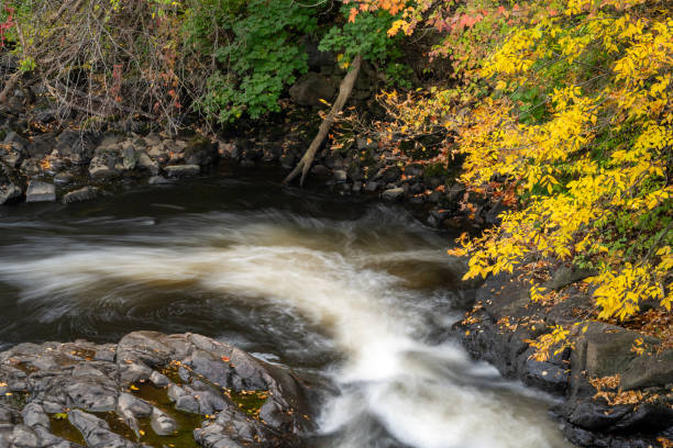 Ontario, Canada - OCTOBER 10, 2020: Two Male Tourists Observe French River Rough Rapid Waters of the Recollet Falls. Gray Stormy Autumn Day at French River Provincial Park in Killarney, Ontario, Canada