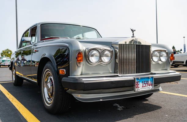 Chicago, Illinois, USA - September 08, 2024: Rolls Royce Silver Shadow II vehicle, corner view. Retro classic car. Rolls Royce Silver Shadow II car. Rolls Royce Silver Shadow II at Chicago
