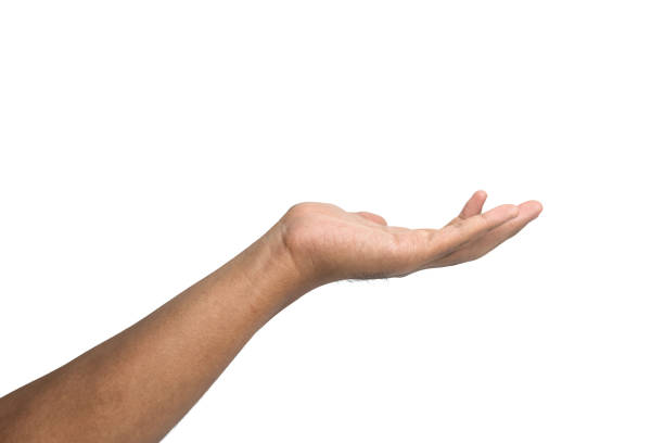 istock male hand showing empty open palm hand isolated on white background. use for placing a product 2195001404