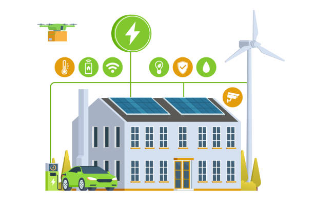 Modern Smart Home with Renewable Energy. Solar Panels, Wind Turbines, and Electric Vehicle. Green Concept. Editable Vector Illustration Vector illustration of a modern smart home featuring renewable energy solutions, including solar panels, wind turbines, electric vehicle and charging station. Designed with a green concept, fully editable and isolated on a white background. solar panels on the roof of building in a city stock illustrations