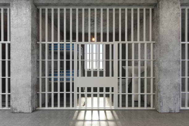 Haunting view of a jail cell entrance in Mono County, California. Metal gates with intricate patterns cast eerie shadows, creating a stark and forbidding atmosphere.